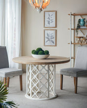 Load image into Gallery viewer, Round Wooden Dining Table With Ornate Cut Out Base - Brown / Antique White