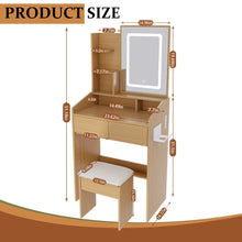 Load image into Gallery viewer, Vanity Table With LED Mirror, Power Outlet, Hairdryer Holder & Padded Stool, Compact Dressing Desk For Small Bedrooms - Wood