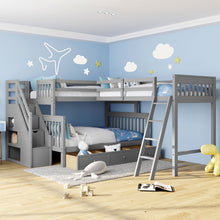 Load image into Gallery viewer, Solid L Shaped Bunk Bed With 3 Drawers, Ladder And Staircase