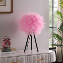 Load image into Gallery viewer, Tripod Table Lamp With Pink Faux Feather Shade - Black