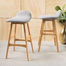 Load image into Gallery viewer, Mid Century Modern Upholstered Low Back Barstools (Set of 2) - Gray / Natural Oak