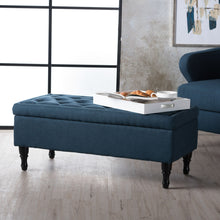 Load image into Gallery viewer, Hyatt - Suede Storage Ottoman With Tufted Top And Dark Wooden Legs - Navy Blue