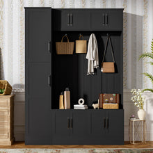 Load image into Gallery viewer, Tall Hall Tree With Shoe Storage, 4 In 1 Entryway Bench With 6 Cabinets, 4 Coat Hooks & Adjustable Shelf For Hallway - Black