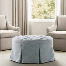 Load image into Gallery viewer, Skirted Tufted Round Ottoman With Button Top - Gray