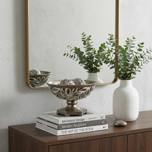 Load image into Gallery viewer, Leaf Poly Decorative Pedestal Bowl With Orbs - Brushed Silver