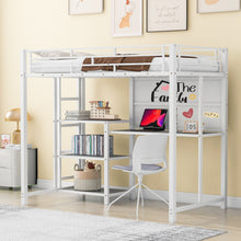 Load image into Gallery viewer, Metal Loft Bed With Desk, 3 Shelves And Ladder