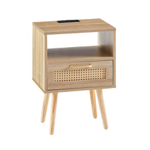 Load image into Gallery viewer, 15.75" Rattan End Table With Power Outlet & USB Ports, Modern Nightstand With Drawer And Solid Wood Legs, Side Table For Living Room, Bedroom