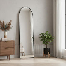 Load image into Gallery viewer, Aluminum Arch Freestanding Ornate Thin Framed Accent Mirror - Black