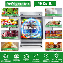 Load image into Gallery viewer, 54" Commercial Refrigerator 49 Cu.Ft With 2 Solid Door Reach-In Refrigerators Stainless Steel Etl Approved Upright Fridge Storage - Silver