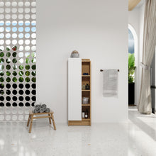 Load image into Gallery viewer, Tall Freestanding Bathroom Side Cabinet With Single Door & 4 Tier Open Shelves - Black / Light Oak / White