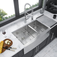Load image into Gallery viewer, Double Bowl Sink 60 / 40 Split Apron Front Kitchen Sink In 16 Gauge With 2 10" Deep Basins 33" X21" X10" - Brushed Nickel