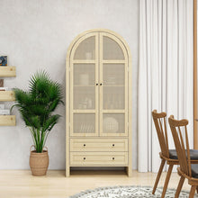 Load image into Gallery viewer, Tall Arched Kitchen Pantry, Arched Storage Display Cabinet With 2 Drawers & Adjustable Shelves, Rattan Door Versatile Storage Cabinet For Kitchen, Dining Room, Living Room - Natural