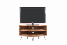 Load image into Gallery viewer, Fan Shape Reclaimed Wood Corner Media Table For Living Room Wise Use Your Space - Natural