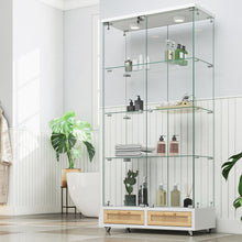 Load image into Gallery viewer, Glass Display Cabinet With LED Lights, Tempered Glass Doors, Large Drawers, 2 Door Storage Case With 4 Shelves - Natural / White