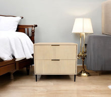 Load image into Gallery viewer, 28" Solid Wood Distressed Carved Geometric Two Drawer Nightstand - Natural