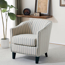 Load image into Gallery viewer, Transitional Upholstered Stripe Barrel Chair With Birch Wood Legs And Plush Cushioned Seat - Beige / Blue Stripe