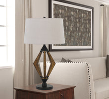 Load image into Gallery viewer, Metal Lantern Table Lamp With Gray Empire Shade - Black