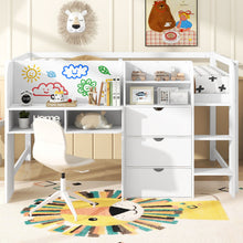 Load image into Gallery viewer, Low Loft Bed With Built In Desk, Storage Cabinets, Open Bookcase And Doodle board