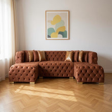 Load image into Gallery viewer, Tufted Velvet Modular U Shaped Sofa Chaise Sectional With Toss Pillows - Orange