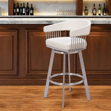 Load image into Gallery viewer, Faux Leather And Stainless Steel Bar Height Swivel Bar Chair - White And Silver