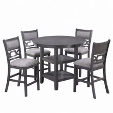 Load image into Gallery viewer, 5 Piece Counter Height Dining Set With Storage Shelves Round Table And Upholstered High Chairs - Gray