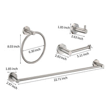 Load image into Gallery viewer, Bathroom Set 4 Pack With Towel Bar Racks, Toilet Paper Holder, Ring, Hook, Stainless Steel - Brushed Nickel