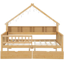 Load image into Gallery viewer, House Style Platform Bed With LED Lights, Storage Shelves, Drawers, And Guardrail