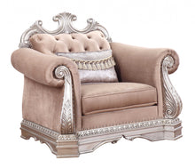 Load image into Gallery viewer, Velvet Tufted Arm Chair And Toss Pillow - Cherry Blossom Pink And Silver