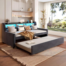Load image into Gallery viewer, Twin Size Daybed With Trundle With LED Light & Charging Station - Dark Gray