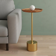 Load image into Gallery viewer, Solid Wood Aluminum Round Pedestal End Table - Brown / Gold