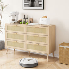 Load image into Gallery viewer, Rattan 6 Drawers Chest Of Dressers For Bedroom, Modern 6 Drawer Dresser, Wide Chest Of Drawers With Wood Handles, Rattan Dresser Storage Cabinet For Living Room, Bedroom, Hallway - Natural Wood / Oak
