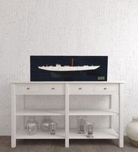 Load image into Gallery viewer, Hand Painted Shamrock V Yacht Half-Hull Model Boat - Black / White