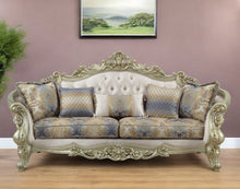 Load image into Gallery viewer, Velvet Curved Floral Sofa And Toss Pillows With Champagne Legs - Antiqued White