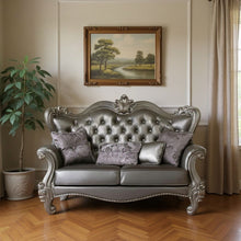 Load image into Gallery viewer, Faux Leather Loveseat And Toss Pillows - Silver / Platinum