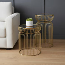 Load image into Gallery viewer, Tempered Glass Metal Wire Round Drum End Tables (Set of 2) - Clear / Gold