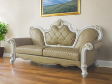 Load image into Gallery viewer, Faux Leather Sofa And Toss Pillows With Pearl Legs - Golden Brown
