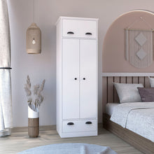 Load image into Gallery viewer, Dresser Closet With Upper Storage Covered With 1 Door, 2 Central Shelves, 1 Tube For Hanging Clothes Covered By 2 Doors, 1 Drawer At The Bottom - White