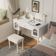 Load image into Gallery viewer, Elegant Vanity Makeup Table & Chair Set Modern Dressing Table With Organizer Writing Desk Charging Port Engineered Wood - White