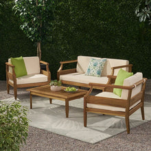 Load image into Gallery viewer, Alluvion - 4 Piece Wood Outdoor Patio Conversation Set With Cream Cushions - Teak / Beige