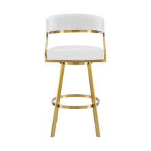 Load image into Gallery viewer, 30" Faux Leather And Stainless Steel Low Back Bar Height Swivel Bar Chair - White / Gold