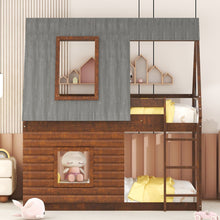 Load image into Gallery viewer, Wood Twin Size House Bunk Bed With Roof, Ladder And 2 Windows - Oak & Smoky Gray
