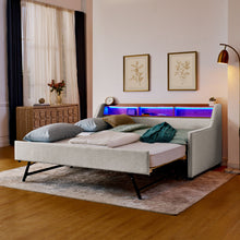 Load image into Gallery viewer, Upholstered Sofa Bed With LED Lights, Storage Headboard, Foldable Trundle & Wireless Charging