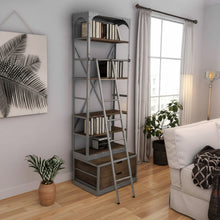 Load image into Gallery viewer, Five Tier Library Bookcase With Two Drawers - Light Brown / Nickel