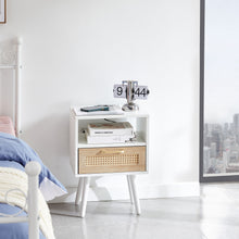 Load image into Gallery viewer, 15.75" Rattan End Table With Power Outlet & USB Ports, Modern Nightstand With Drawer And Solid Wood Legs, Side Table For Living Room, Bedroom