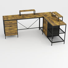 Load image into Gallery viewer, Industrial L Shaped Computer Desk With Power Outlets & USB-C, 6 Fabric Drawers, 3 Open Shelves, Movable Monitor Stands - Brown
