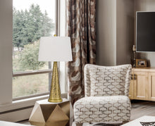 Load image into Gallery viewer, Metal Geometric Table Lamp With White Empire Shade - Antiqued Brass