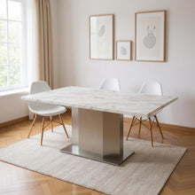 Load image into Gallery viewer, 79" Marble And Stainless Steel Pedestal Base Dining Table - Gray / White