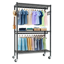 Load image into Gallery viewer, Heavy Duty Rolling Clothes Rack With 3 Tier Shelves, 2 Rails & Side Hooks, Adjustable Freestanding Organizer Metal - Black