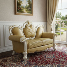 Load image into Gallery viewer, Faux Leather Loveseat And Toss Pillows - Golden Yellow / Pearl