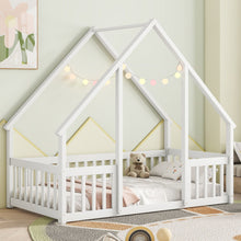 Load image into Gallery viewer, Wood House-Shaped Floor Bed With Fence, Guardrails
